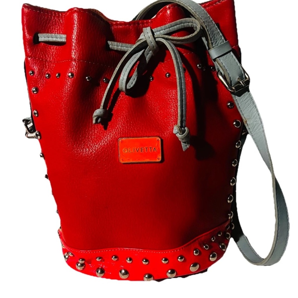 Rare Leather Bucket Bag Bright Red Pink Light Gray Drawstring Studded Strap